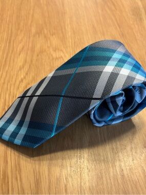 Geoffrey Beene Blue Plaid Tie with Aqua and Silver Stripes
